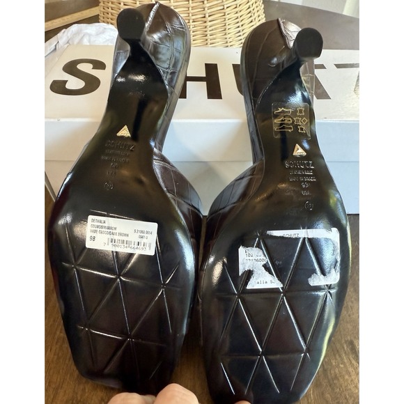 Schutz Dethalia Wide Croco Heeled Mules Dark Brown Size 9B New w/ Box - Picture 7 of 8